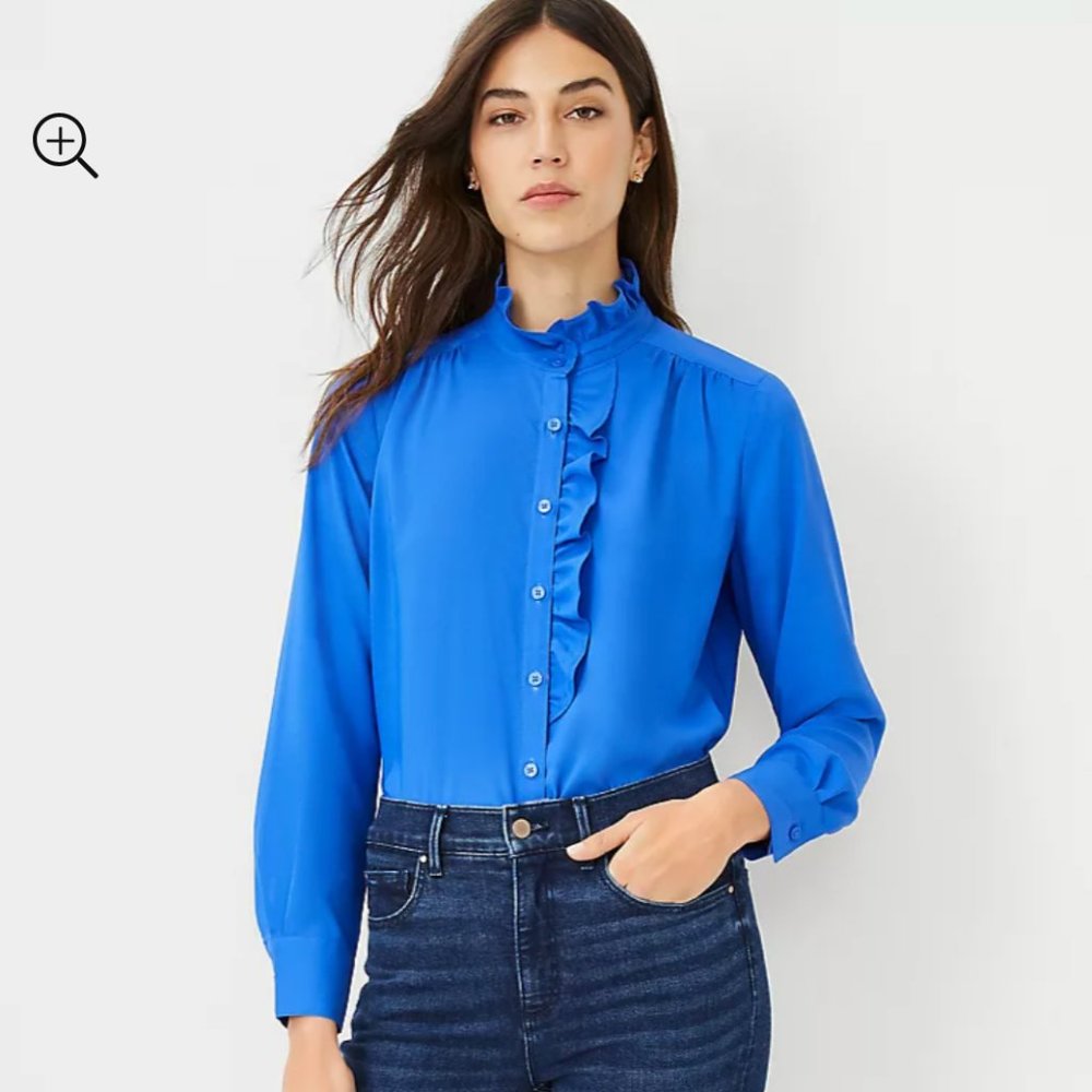 Ann Taylor Ruffle Button Top in White